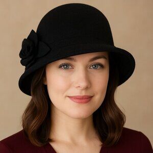 Charter Club Black Wool Cloche Womens Size M/L Vintage Style Flower Winter Hat